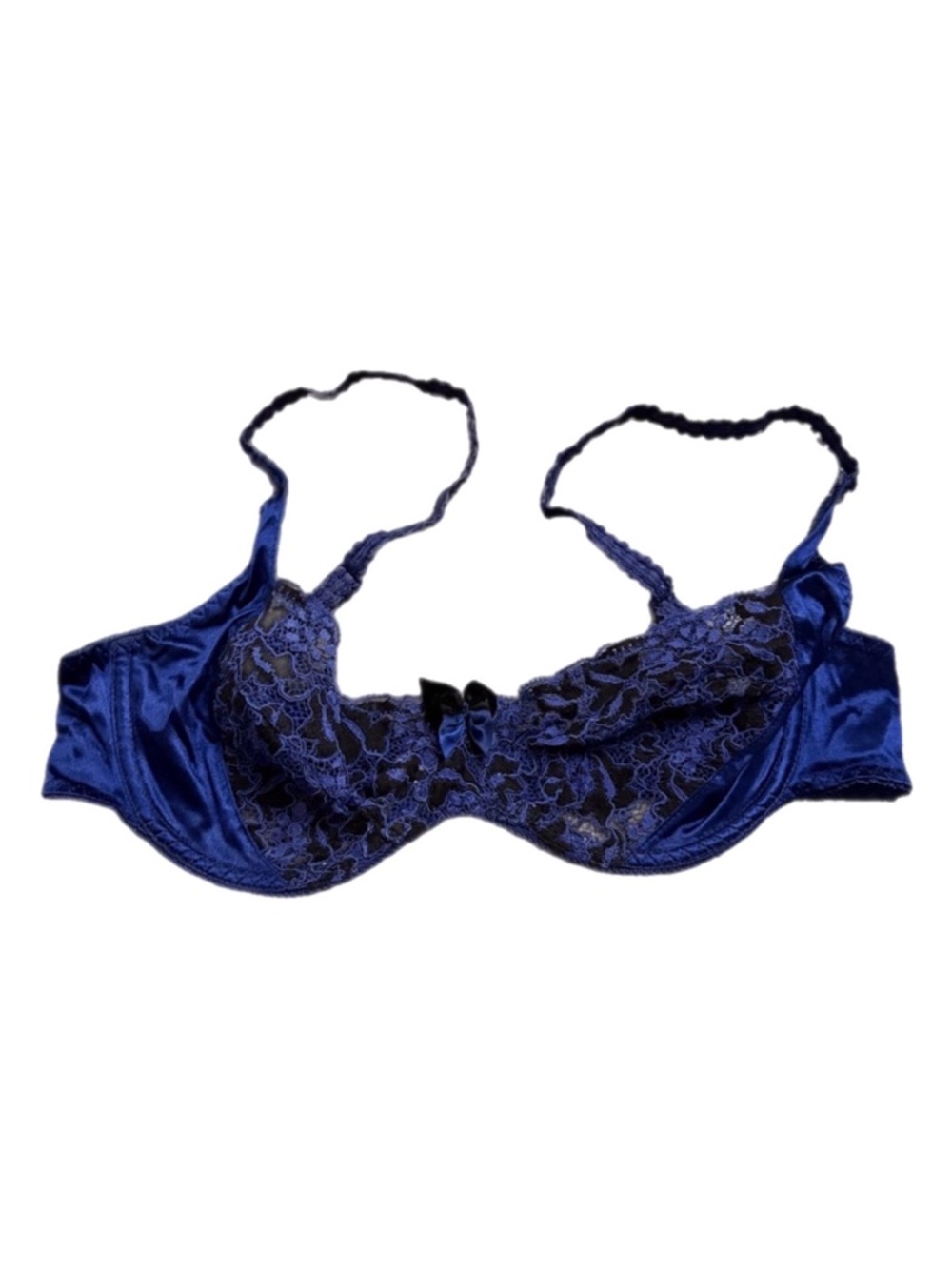 70s/80s French Vintage Embroidered Floral Lace Unlined Bra (Blue/Black) 34C